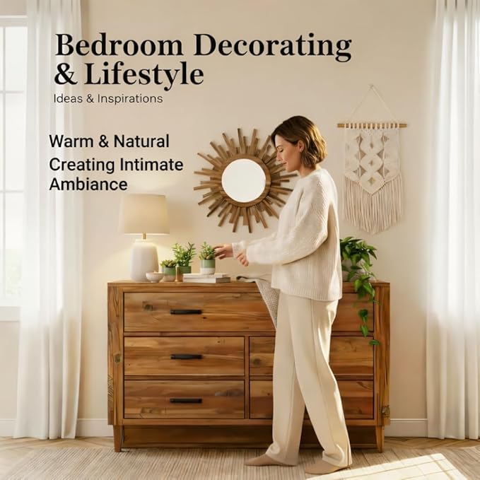 24 Inch Boho Sunburst Mirror, Round Wooden Wall Decor Starburst Sun Mirror for Bedroom, Living Room, Bathroom, Hallway, Balcony, Farmhouse Entryway, Housewarming Gift