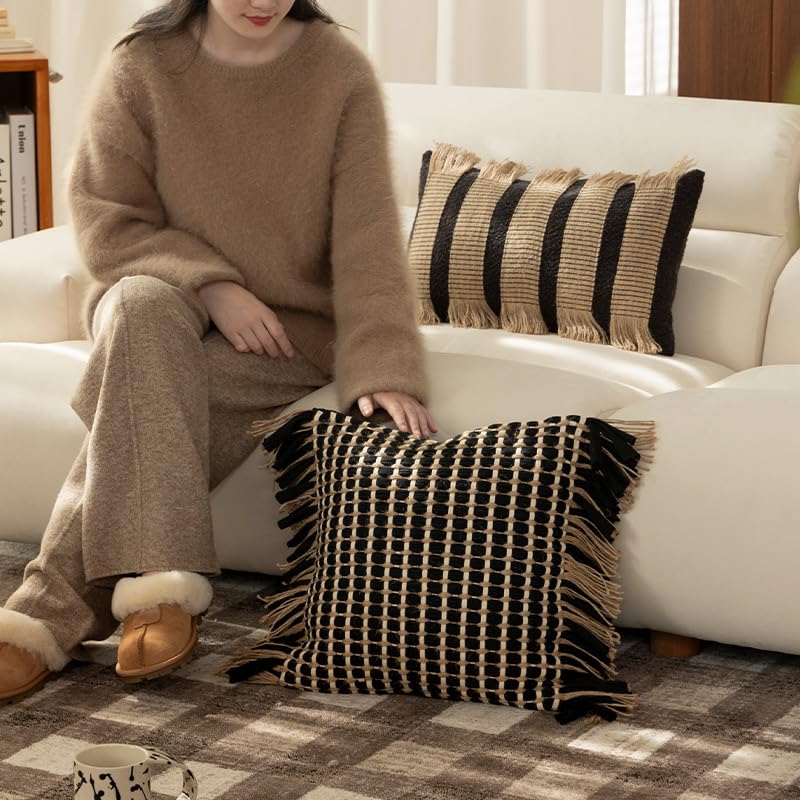 MOCOFO 100% Handmade Woven Checkerboard Pillow Cover with Fringe, Wabi Sabi French Vintage Luxury Cushion Case, Chunky Cotton & Hemp Rope Plaid Accent Pillow for Couch (Cover Only) (Checkered, 18x18) - color: Checkered, size: 18" x 18" (Pack of 1)