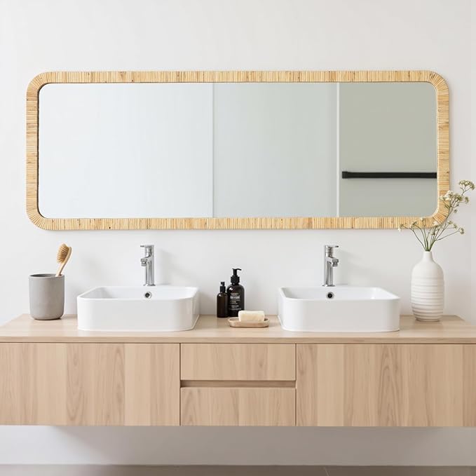 18"x48" Long Rattan Mirror Rattan Full Length Mirror Rectangle Wooden Framed Full Body Mirror Floor Mirror Lean Against Wall Farmhouse Wicker Mirror for Bathroom Entryway Living Room Bedroom