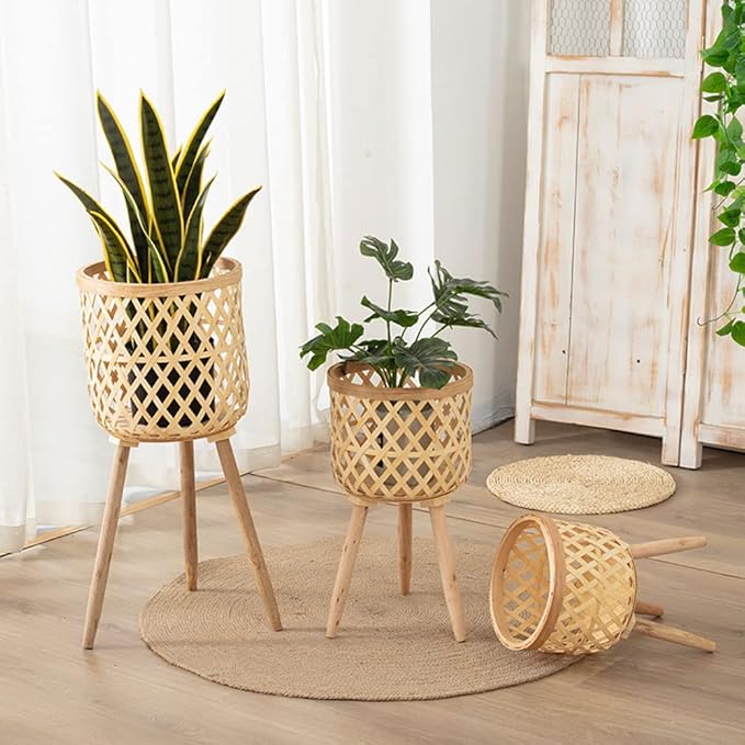 3 Pieces Rattan Woven Indoor Plant Stand, Boho Plant Stand,Woven Plant Pot on Wooden Standing Legs,Indoor/Outdoor Plant Stand for Living Room Balcony Decor