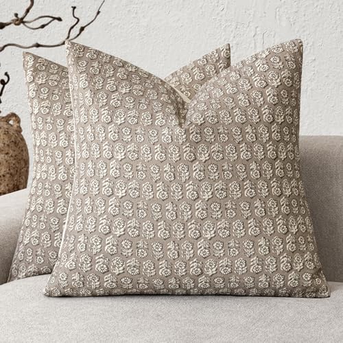 Foindtower Set of 2 Decorative Vintage Floral Print Throw Pillow Covers Neutral Modern Farmhouse Cushion Covers Boho Home Decor for Sofa Chair Couch Bedroom Living Room,18×18 Inch,Tan Taupe - color: Iced Coffee, size: 18" x 18" (Pack of 2)