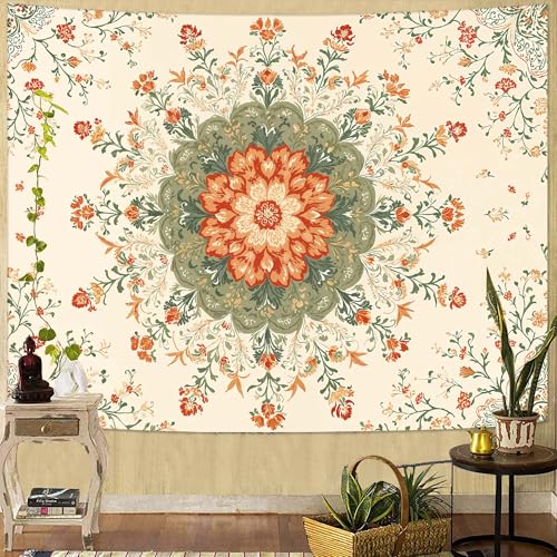 Wegklazax Mandala Floral Tapestry, Bohemian Botanical Wall Art for Room Decor, Vintage Aesthetic Home Decor 60" L x 44" W - color: Ivory Orange, size: 60"L x 44"W