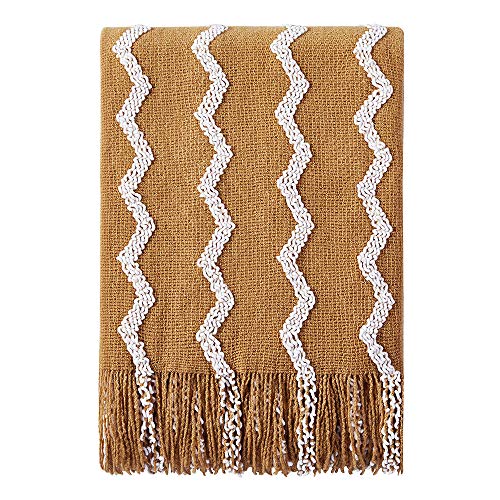 BOURINA Fluffy Chenille Knitted Fringe Throw Blanket Lightweight Soft Cozy for Bed Sofa Chair Throw Blankets, Dark Gold 50" x 60" - color: A-mustard, size: 50"×60"