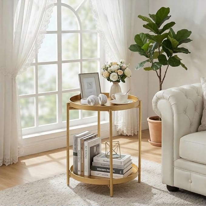 TeoKJ 2 Tier Gold Side Table, Folding Round Metal End Table Small Nightstand with Two Removable Tray for Bedroom Living Room Small Spaces Bedside Gold