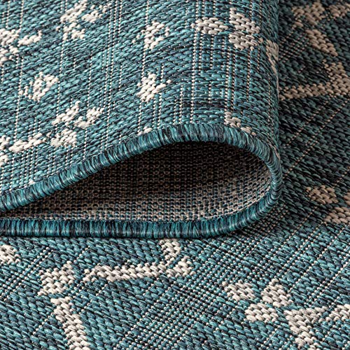 JONATHAN Y Moroccan Geometric Indoor Outdoor Runner Rug 2X8 Teal/Gray, Ourika Textured Weave for Backyard, Patio, Porch, Easy-Cleaning, High Traffic, Pet-Friendly, Non-Shedding (SMB108C-28) - color: Teal/Gray, size: 2'2" x 8' (Runner)