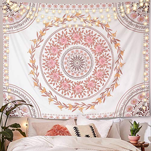 Wall Tapestry for Bedroom Aesthetic Pink Mandala Wall Hanging Large Boho Trippy Tapestries Bohemian Art Tapistry Hippie Floral Tapastry Decor For Bedroom Ceiling Living Room Dorm (60ʺ × 80ʺ) - color: Boho Tapestry-White, size: 80"L x 60"W