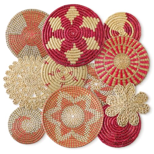 Tatuo 11 Pcs Boho Wall Basket Decor Bulrush Woven Wall Hanging Art Round Farmhouse Rustic Handmade Wicker for Summer Home, Bedroom, Living Room, Kitchen Decorations, Multi Sizes(Pink) - style: Pink