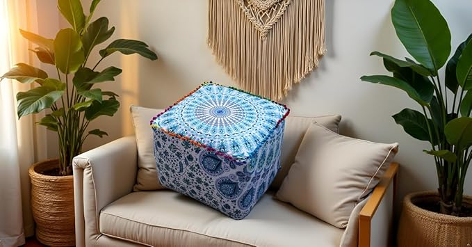 CRAFT KALA Indian Square Patchwork Traditional Pouf Cover Indian Living Room Poufs Decorative Designer Pom Pom Ottoman Cover Home Living Footstool Cover Ottoman Decor 22X22X14 inches, Sky Blue Mirchi