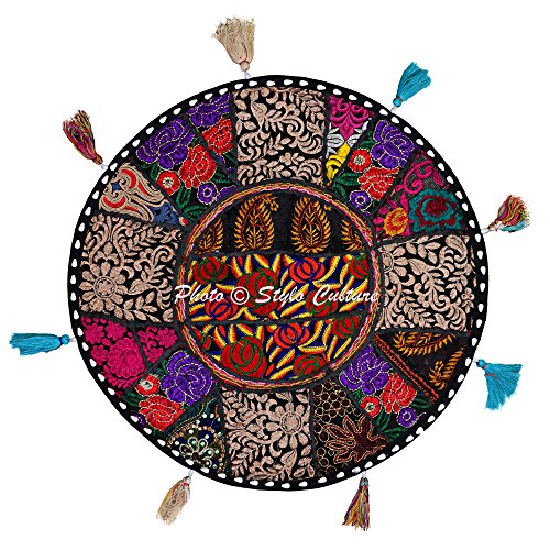 Indian Round Boho Floor Pillow Vintage Patchwork Cushion Cover Black Throw Pillow Cover 18 Small Decorative Decor Seating Tuffet Seat Pouf Cover Footstool Cotton Embroidered 1 Pc - color: Black