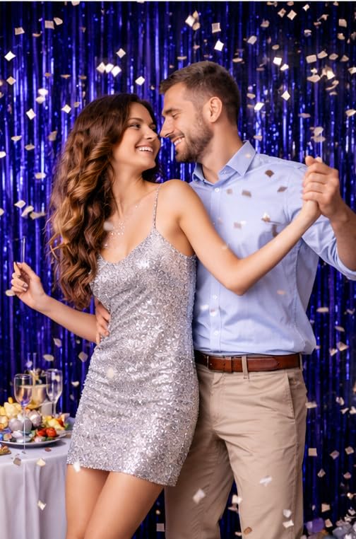 2 Pack Dark Blue Metallic Foil Fringe Curtain Backdrop Streamers 3.2ft x 6.4ft. Party Decoration for Birthday, Wedding, New Years Eve, Graduation, Baby Shower - color: Blue