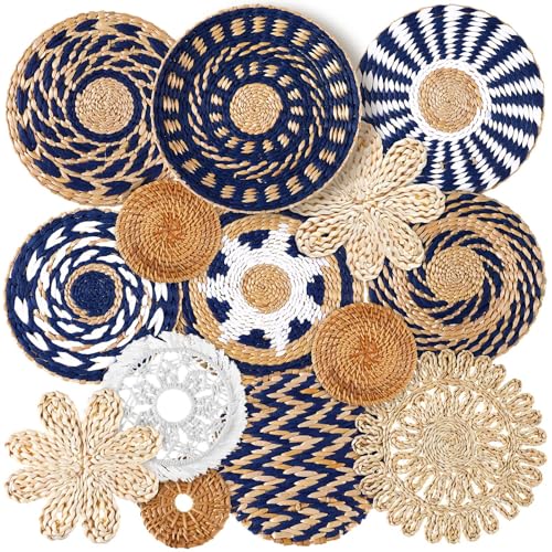 Xuhal 15 Pcs Boho Wall Basket Decor Handcrafted Seagrass Woven Wall Basket Rustic Round Woven Hanging Art for Home Farmhouse Kitchen Table Living Room(Blue Classic Style) - style: Blue Classic Style