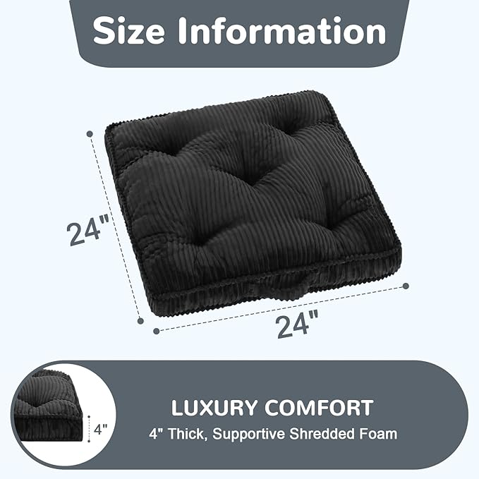 Floor Pillow, 24x24 Tufted Floor Cushion for Adults, Square Large Meditation Cushion Pillow, Corduroy Sitting with Handle, Yoga Seating for Tatami, Dark Grey, 1Pack