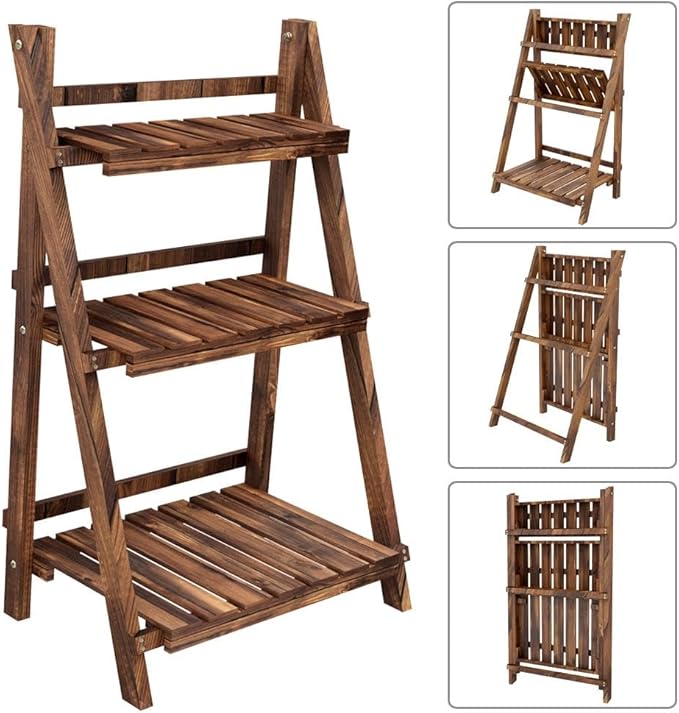 Yaheetech Folding Plant Stand Wooden Foldable Plant Shelf 3-Tier Flower Pot Stand Plants Display Shelf Rack Ladder Garden Indoors Outdoors 23.6 x 15 x 36.6in