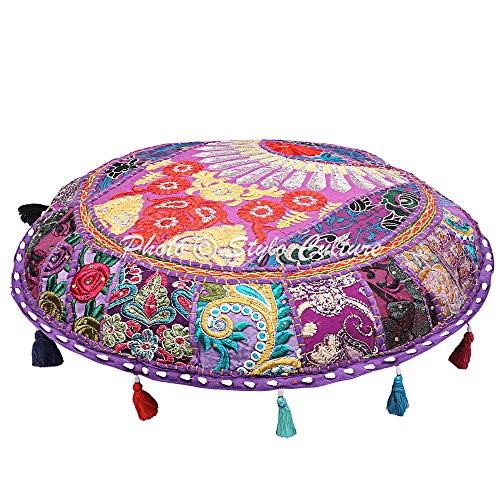 Ethnic Yoga Pillows for Sitting On Floor Vintage Patchwork Pouf Cover Purple 18x18 Decorative Round Decor Seating Tuffet Seat Pouf Cover Footstool Cotton Embroidered 1 Pc - color: Purple