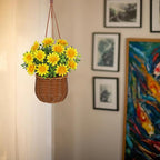 Artificial Daisy Flowers with Hanging Woven Basket, Sunny Faux Chrysanthemums in Fake Rattan Planter with Rope, Realistic Floral Arrangement for Home Porch Patio Balcony Summer Farmhouse Decor, Yellow