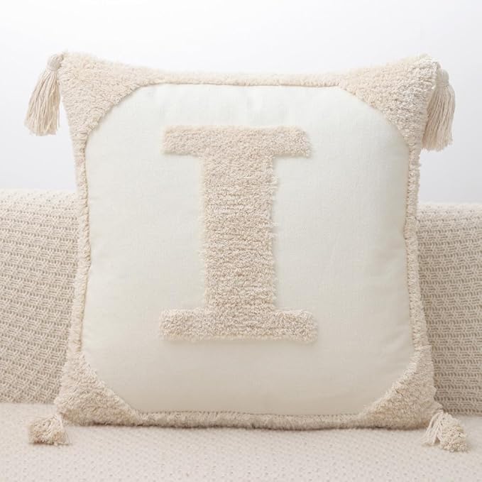 Monogram Pillow Covers with Tassels 18”x18” Modern Cotton Canvas Tufted Alphabet I Throw Pillow Covers for Sofa Couch Bed 26 English Letters Decorative Pillow Case for Sofa Throw Pillows