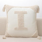 Monogram Pillow Covers with Tassels 18”x18” Modern Cotton Canvas Tufted Alphabet I Throw Pillow Covers for Sofa Couch Bed 26 English Letters Decorative Pillow Case for Sofa Throw Pillows