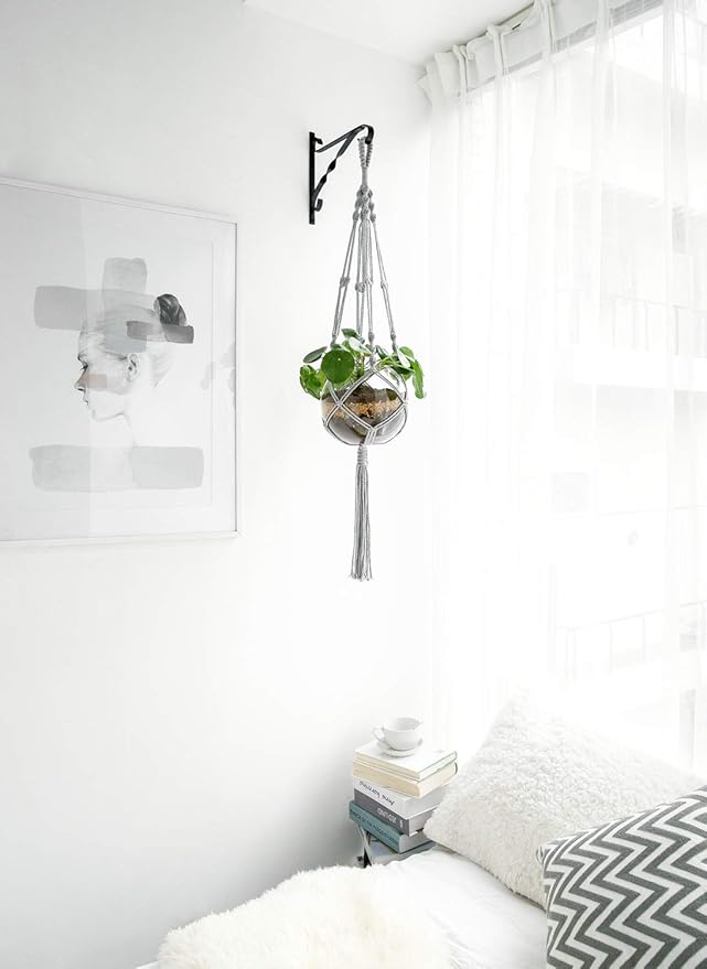 Mkono Macrame Plant Hangers Indoor Outdoor Hanging Planter Basket Cotton Rope 4 Legs 41 Inch, 2 Pack, Grey