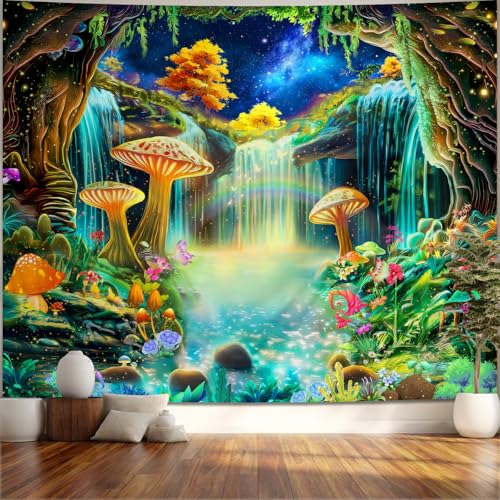 Alened Blacklight Fantasy UV Reactive Waterfall Mushroom Decor for Bedroom, Galaxy Neon Butterfly Tapestries, nature forest tapestry Wall (51'' x 60'') - color: blacklight tapestry, size: 60"L x 51"W
