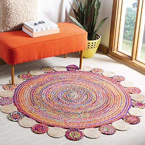 SAFAVIEH Cape Cod Collection Area Rug - 3' Round, Red & Multi, Handmade Boho Braided Jute & Cotton, Ideal for High Traffic Areas in Living Room, Bedroom (CAP201A) - color: Red/Multi, size: 3' (Round)