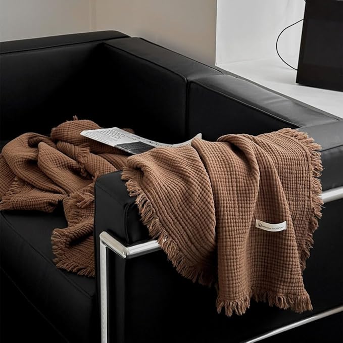 100% Cotton 4-Layer Muslin Blanket with Fringes, 80"x90", Brown Bed Blanket, Ultra-Soft Gauze Boho Bedding for All Seasons, Breathable for Couch, Bed(Brown,Queen)