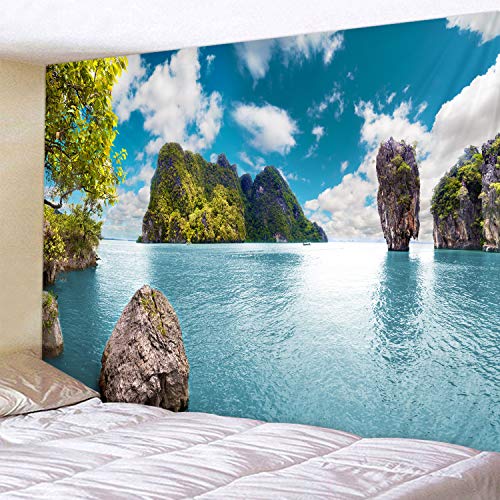 LYFANS Blue Lake Island Printed Fabric Tapestry Decorative Wall Art Tablecloth bedspread Picnic blanket Beach towel Bedroom Dormitory Living Room Multifunctional tapestry 79 x 59 inches - color: Blue Lake Water Island, size: 79x59inch