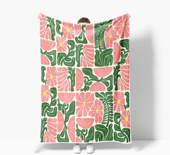 Boho Abstract Colorful Floral Throw Blanket, Vintage Retro Patchwork Pink Green Flower Botanical Geometric Aesthetic Groovy Flannel Throw Blanket for Chair Bed Sofa Couch, 60X80IN