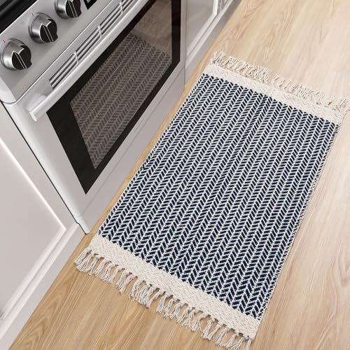 Lahome Belle Boho Bathroom Rugs, Small 2x3 Front Door Mat Lightweight Entryway Rug Woven Cotton Area Rug with Tassels, Farmhouse Non Shedding Washable Blue Throw Rug Low Pile Carpet for Entry Laundry - color: Navy Blue, size: 2' x 3' (Rectangular)