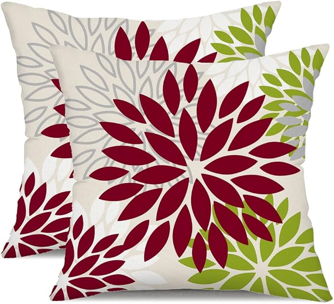 DFXSZ Wine Red Green Flower Pillow Covers 16x16 Inch Set of 2 Outdoor Throw Pillows Outdoor Waterproof Decor for Living Room Sofa Patio Funiture Garden Floral Polyester Pillow Covers 002U16