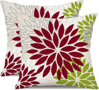 DFXSZ Wine Red Green Flower Pillow Covers 18x18 Inch Set of 2 Outdoor Throw Pillows Outdoor Waterproof Decor for Living Room Sofa Patio Funiture Garden Floral Polyester Pillow Covers 002U18