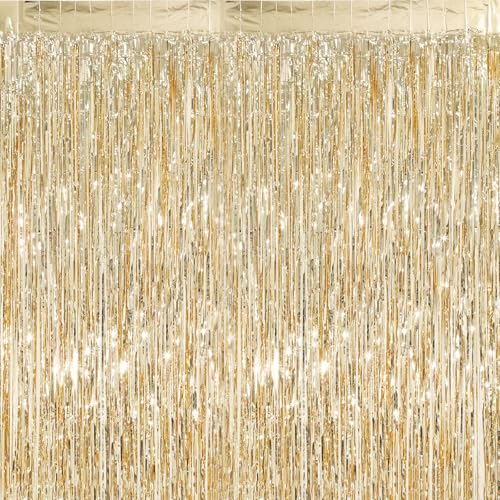 Crosize 2 Pack 3.3 x 9.9 ft Foil Fringe Curtains Party Decorations Champagne Gold,Tinsel Curtain Backdrop for Parties, Door Streamers, Glitter Streamer Backdrop for Birthday Decoration - color: Champagne Gold, size: 2 Pack