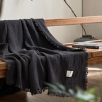 100% Cotton 4-Layer Muslin Blanket with Fringes, 80"x90", Dark Grey Bed Blanket, Ultra-Soft Gauze Boho Bedding for All Seasons, Breathable for Couch, Bed(Dark Grey,Queen)