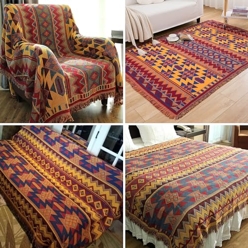 Boho Throw Blankets Reversible Woven Blankets Cover Hippie for Couch Bed Recliner Sofa Bohemian Tapestry Colorful Furniture Protector Cover for Home Décor, Astrology, Double Side, 70"x90" - color: New Geometric, size: 70x90inch
