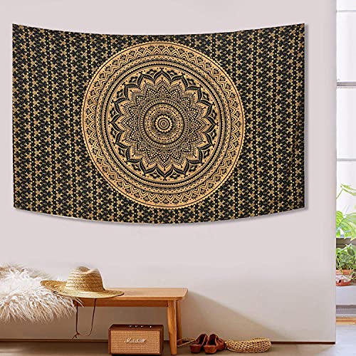 ANJANIYA Ombre Wall Hanging Bohemian Tapestry, Metallic Wall Art Bedspread, Psychedelic Hippie Mandala Dorm Décor for Hanging, Bedding, Beach Coverlet Curtain, Black Gold 85"X90" - color: Black Gold, size: 90"L x 85"W