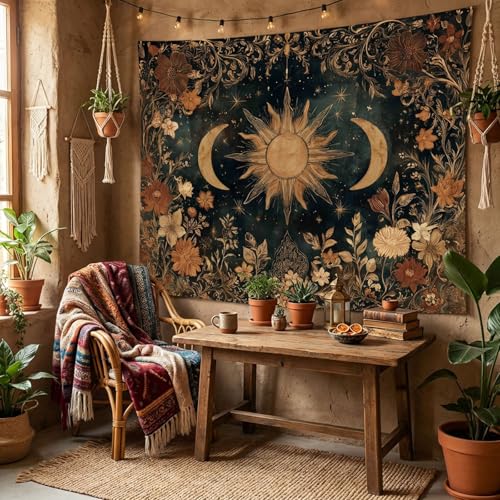 Gruaoihy Vintage Sun and Moon Tapestry, Retro Aesthetic Floral Wall Hanging for Bedroom Dorm Decor, 36x48 inches - color: Aesthetic Sun and Moon, size: 48"L x 36"W