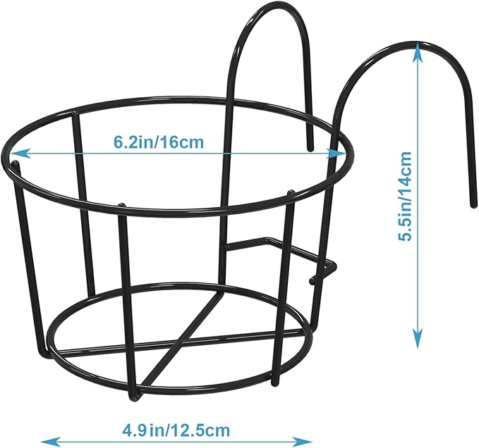4 Pack Round Hanging Railing Planters - Metal Flower Pot Holder for Balcony and Fence （Black）