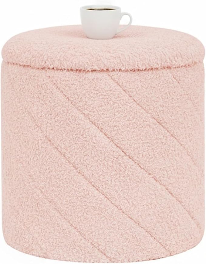 B FSOBEIIALEO Ottoman with Stroage, Boucle Round Storage Ottoman with Tray,Foot Rest Stool for Dorm Room, Living Room Pink, 12.99"x12.99"x13.78"