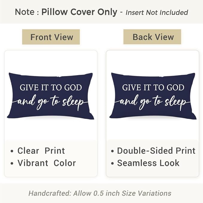 Christian Pillow Covers 12x20 for Bed Set of 2 – Navy Blue Faith Lumbar Cushion Case – Give It to God and Go to Sleep/Relax God’s Got This – Inspirational Gift for Him