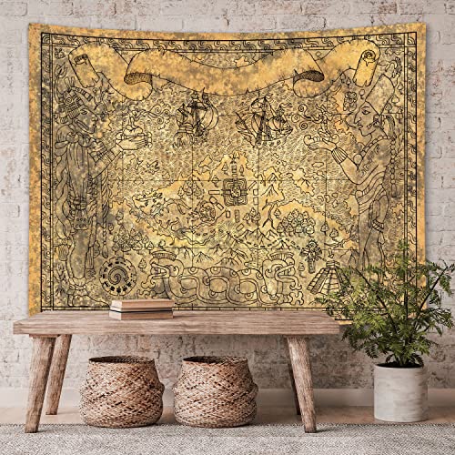 Ancient Mayan Civilization Tapestry - Vintage Aztec Map With Gods, Old Ships, Temple, Brown Symbols - Wall Hanging for Bedroom, Living Room, Dorm - Home Decor Mandala - 60X40 - color: Brown