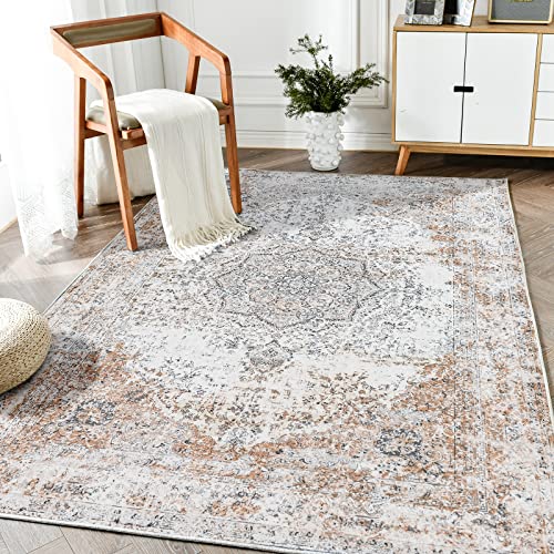 jinchan Area Rug 5x7 Washable Living Room Rug Vintage Traditional Distressed Lightweight Thin Retro Indoor Floor Cover Non Slip Floral Carpet for Bedroom Dining Room Bathroom Kitchen Office Taupe - color: Vintage Taupe, size: 5' x 7' (Rectangular)