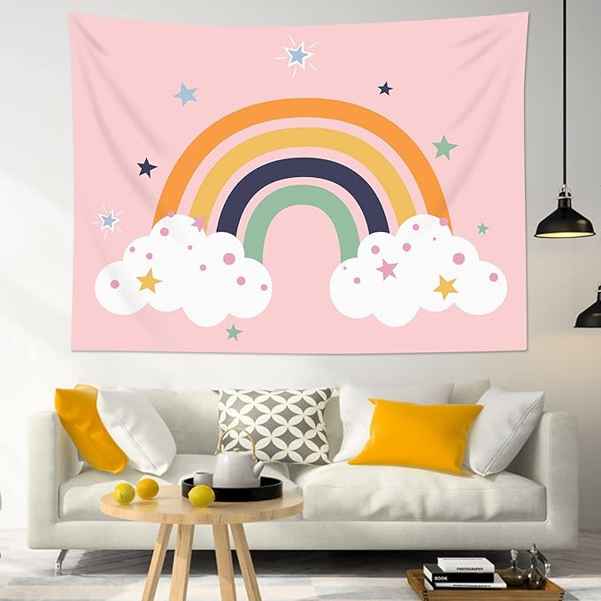 LB Boho Rainbow Tapestry White Cloud with Stars in Pink Sky Wall Hanging Tapestry Cartoon Mid Century Tapestries for Living Room Bedroom Dorm Wall Decor,92x70.5 inch