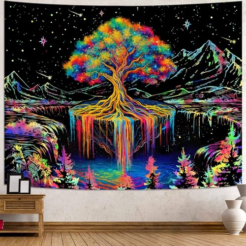 Spenlife Blacklight Tree of Life Tapestry Neon Fantasy Tapestry for Bedroom Rainbow Tapestries Wall Hanging Bedroom Living Room Wall Art and Home Decor 44x60 - color: Bright Yellow, size: 60"L x 44"W
