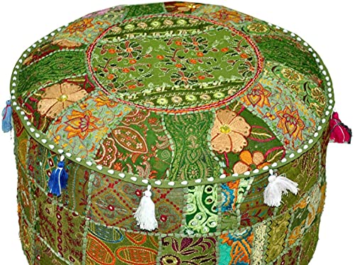 The Harry Creations Decorative Patchwork Comfortable Indian Ottoman Ethnic Cotton Cushion Designs Floor Embroidered Pouf Cover (Emerald, 18"x13") - color: Emerald, size: 18"x13"