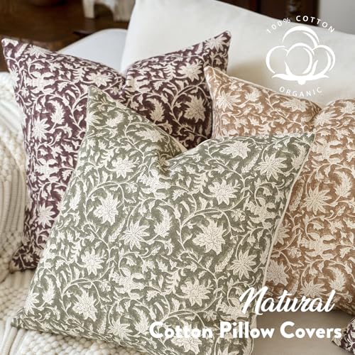 FIOUOVO Floral Throw Pillow Covers 24x24 Farmhouse Block Print Pillow Covers Decorative Pillow Covers Couch Pillows for Living Room Vintage Accent Sofa Pillows Set of 2, Olive Green - color: Olive Green, size: 24" x 24" (Pack of 2)