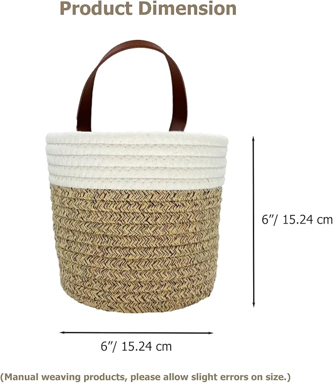 Cotton Rope Hanging Baskets for Organizing 2 Pcs Round Small Wall Basket with Handles Woven Organizer Storage Basket for Kitchen Bedroom Living Room Office (6”x6”, Light Brown)