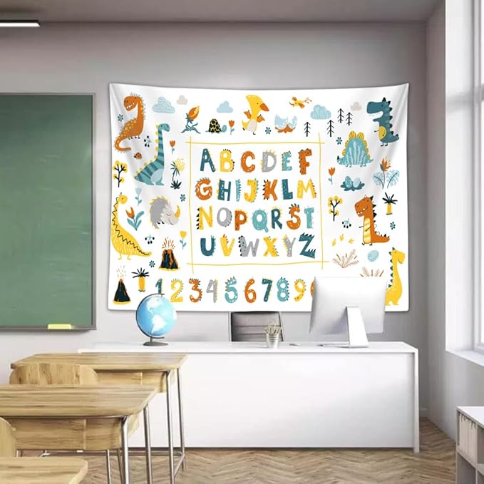 Alphabet Poster Tapestry for Kids Boys Girls Bedroom, ABC Learning for Toddlers Cute Dinosaur Art Educational Tapestries Wall Hanging Classroom Living Room Office Decor 60X40"