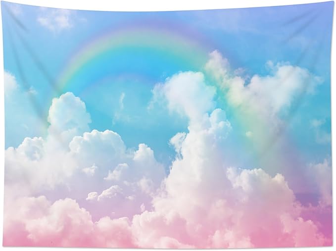 LB Cloud Rainbow Wall Tapestry Pastel Rainbow Pink White Cloud with Blue Sky Tapestry Nature Landscape Wall Decor for Bedroom Living Room Dorm 60Wx40L Inches