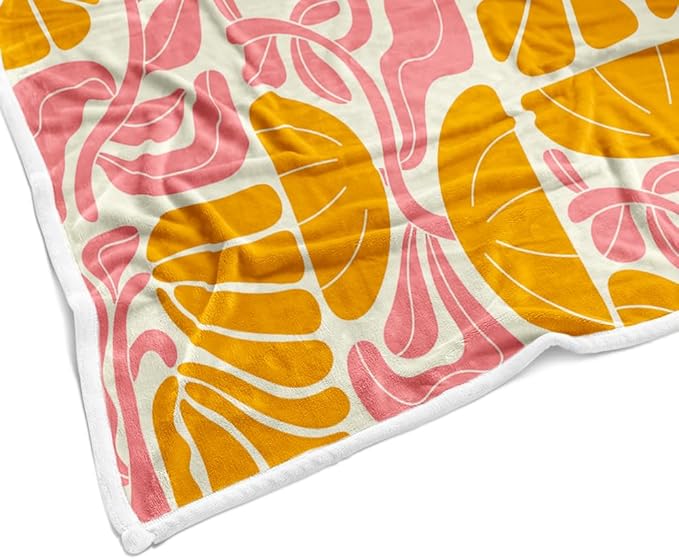 Boho Abstract Colorful Floral Throw Blanket, Vintage Retro Patchwork Orange Pink Flower Botanical Geometric Aesthetic Groovy Flannel Throw Blanket for Chair Bed Sofa Couch, 50X60IN