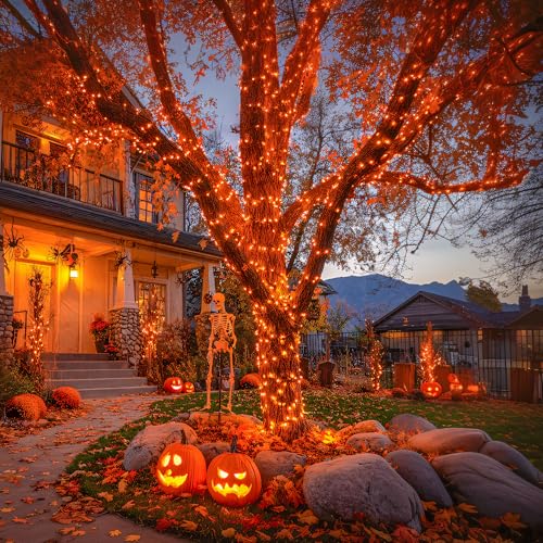 JMEXSUSS 600 LED Orange Solar Halloween Lights, 206.7 ft Solar String Lights Outdoor Waterproof, 8 Modes Orange String Light for Outside Tree Patio Bushes Halloween Decorations - color: Orange, size: 600LED*1
