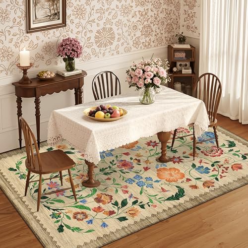 GarveeHome Washable Rug 3x5 Area Rugs for Living Room, Floral Rug for Bedroom, Soft Boho Non Slip Throw Rugs with Rubber Back, Low Pile Stain Resistant Vintage Floral Carpet for Dining Room, Beige - color: C Brown, size: 3' x 5' (Rectangular)